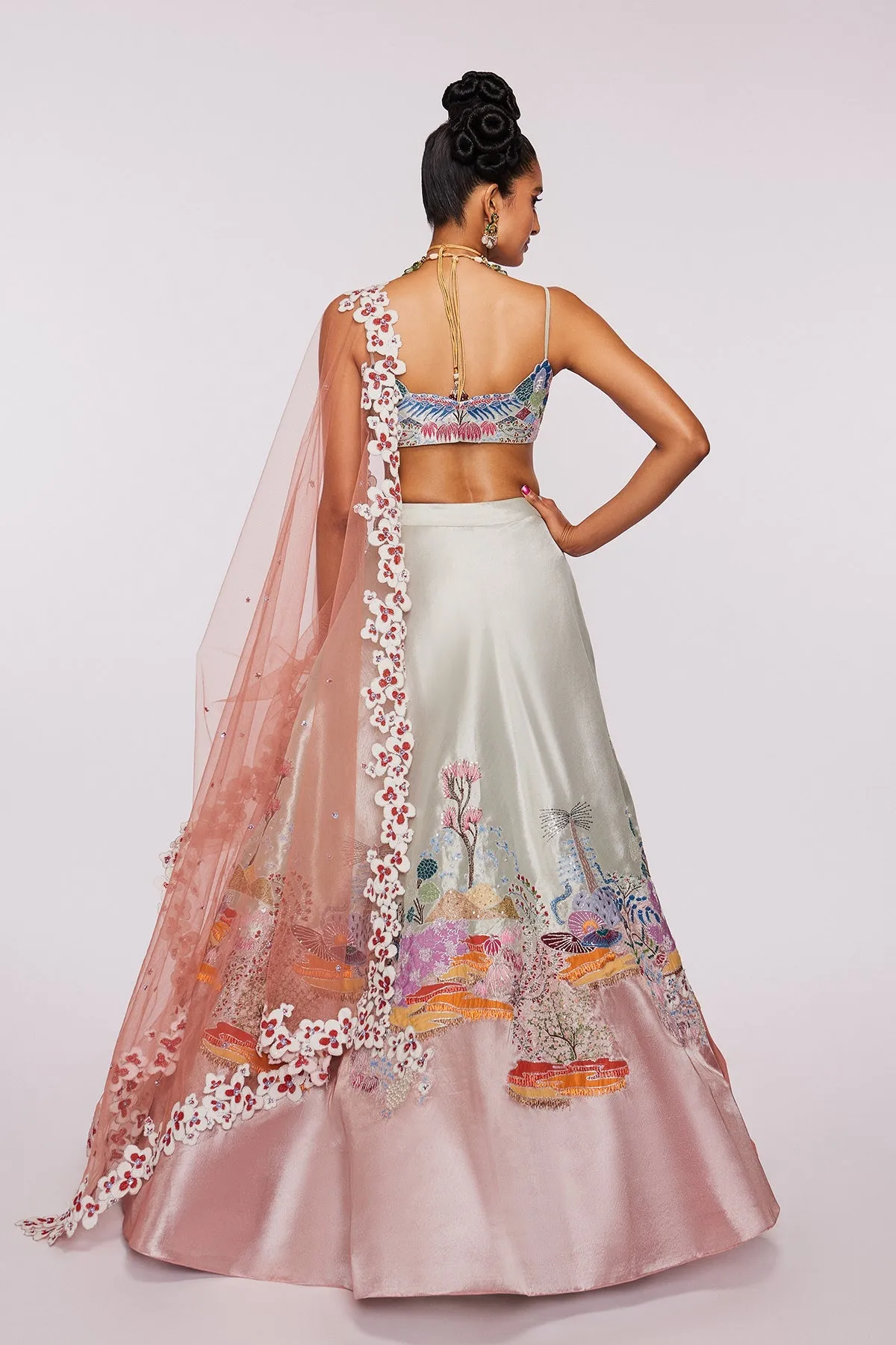Ivory And Peach Divergence Tissue Appliquéd And Embellished Lehenga With Blouse And Tulle Dupatta