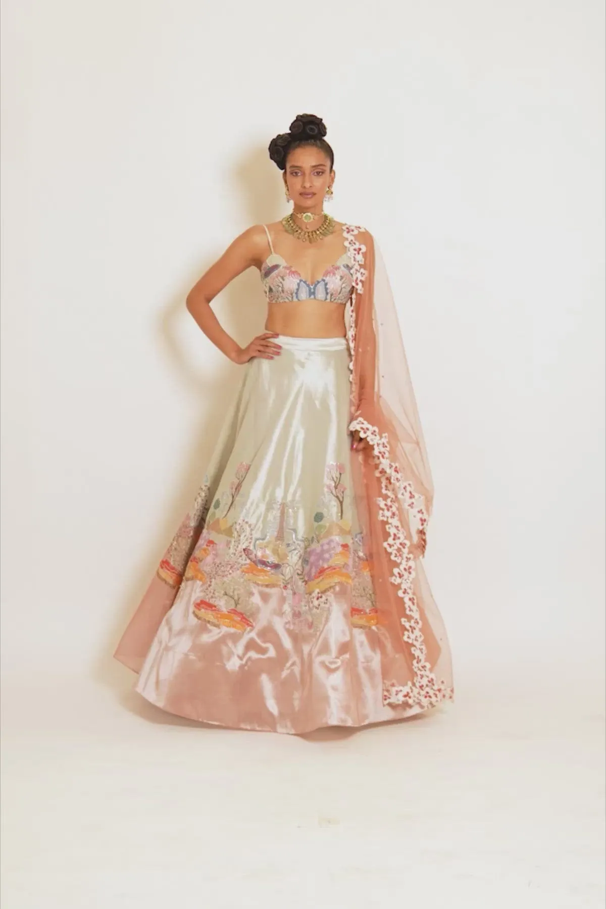 Ivory And Peach Divergence Tissue Appliquéd And Embellished Lehenga With Blouse And Tulle Dupatta