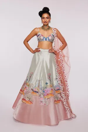 Ivory And Peach Divergence Tissue Appliquéd And Embellished Lehenga With Blouse And Tulle Dupatta