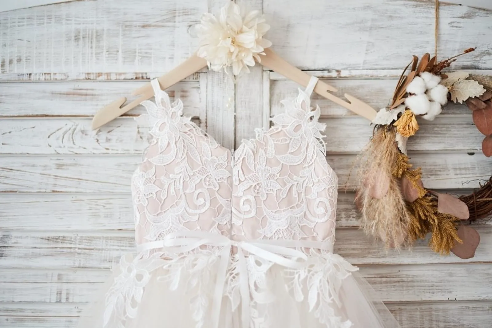 Ivory Lace Tulle Peach Spaghetti Straps Wedding Flower Girl Dress, Belt