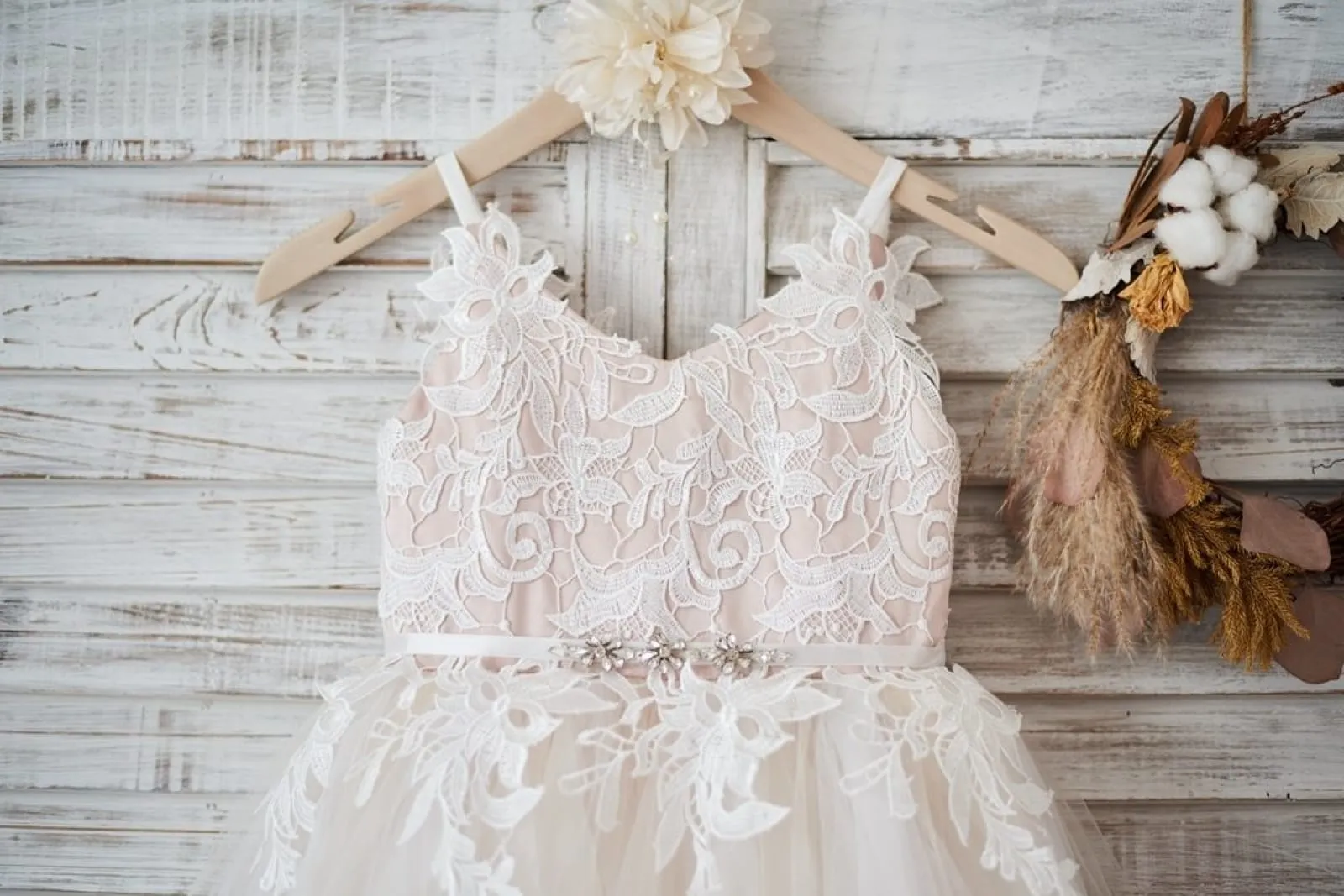 Ivory Lace Tulle Peach Spaghetti Straps Wedding Flower Girl Dress, Belt
