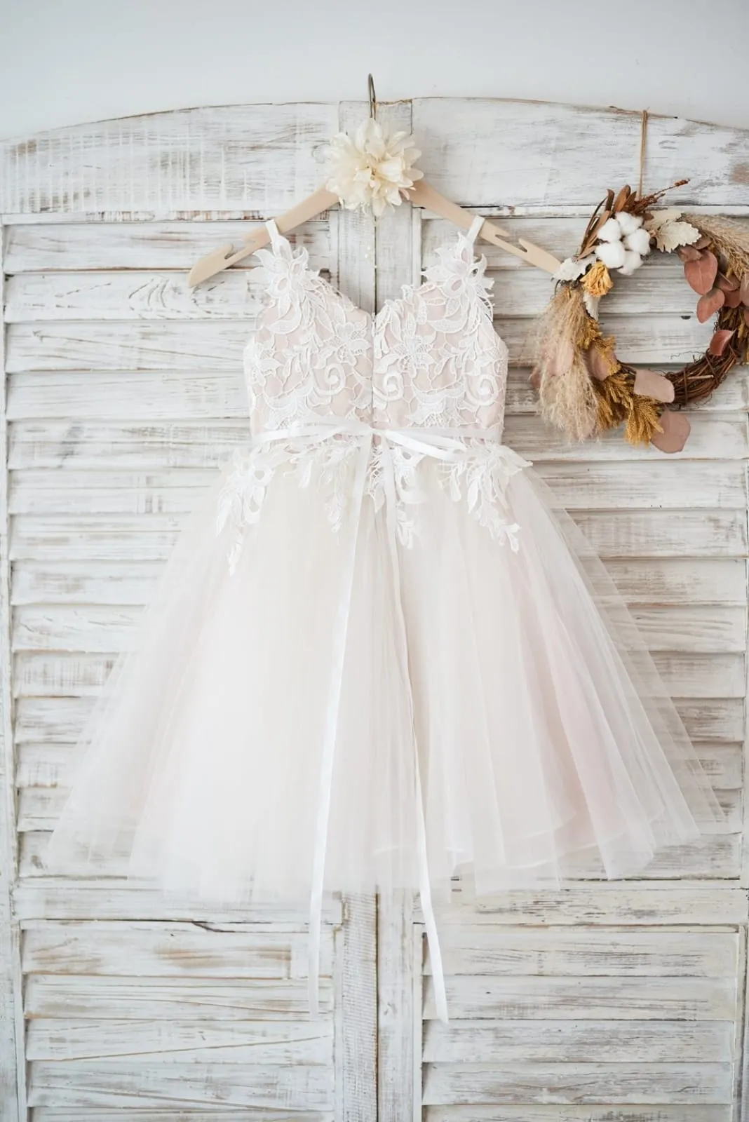 Ivory Lace Tulle Peach Spaghetti Straps Wedding Flower Girl Dress, Belt