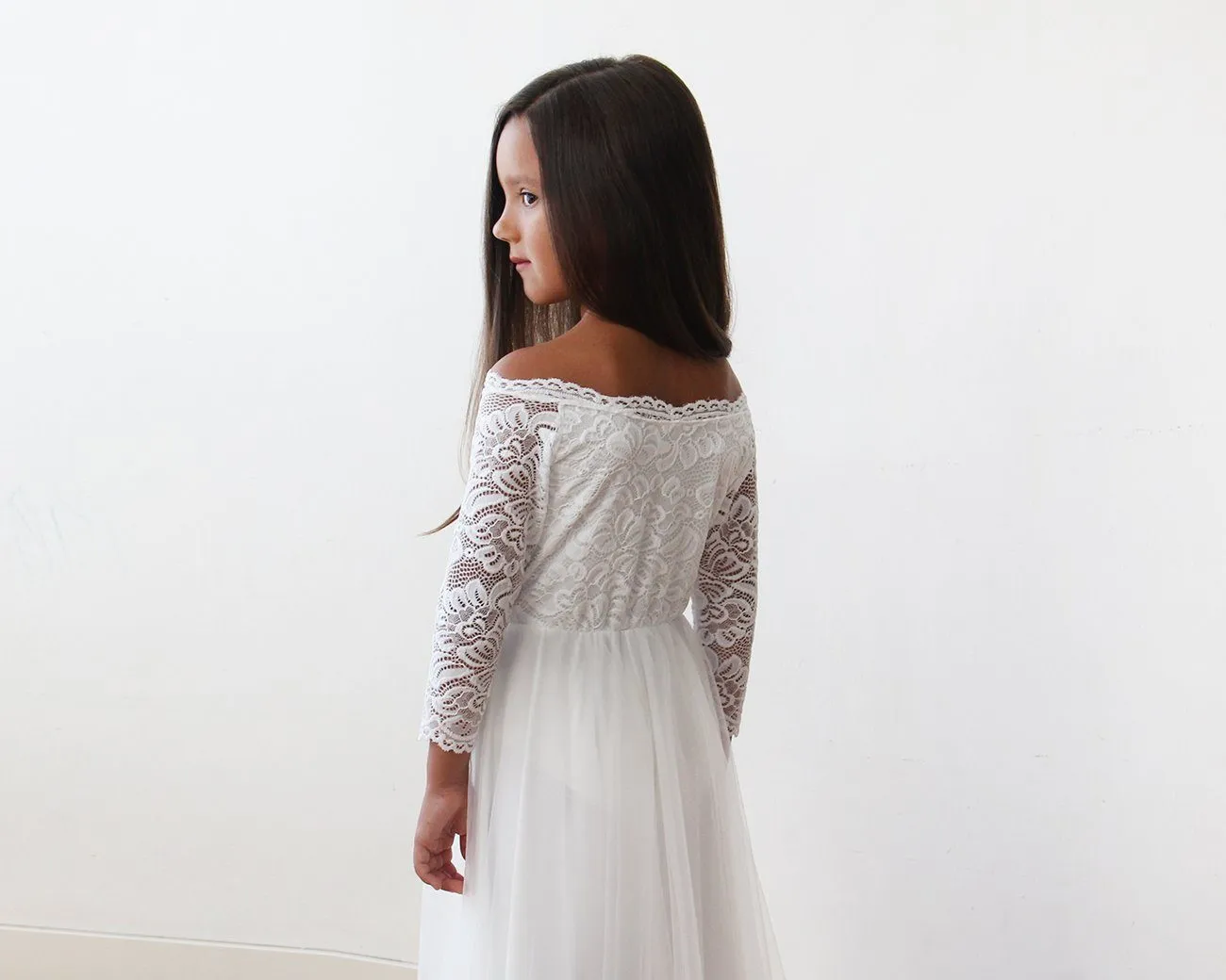 Ivory Off-The-Shoulder Lace & Tulle Maxi Girls Gown #5040