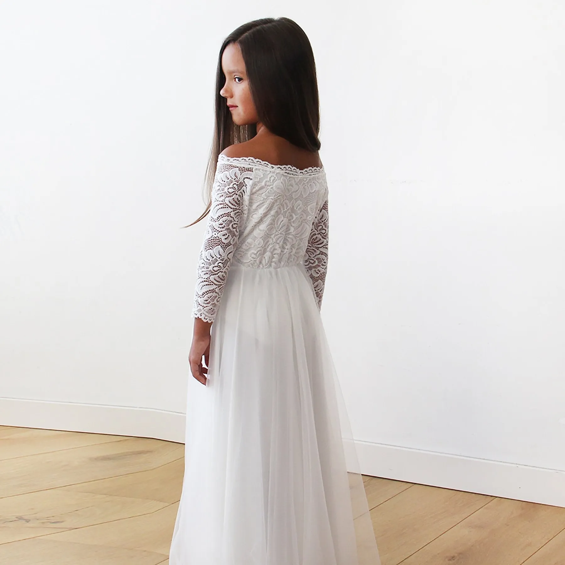 Ivory Off-The-Shoulder Lace & Tulle Maxi Girls Gown #5040