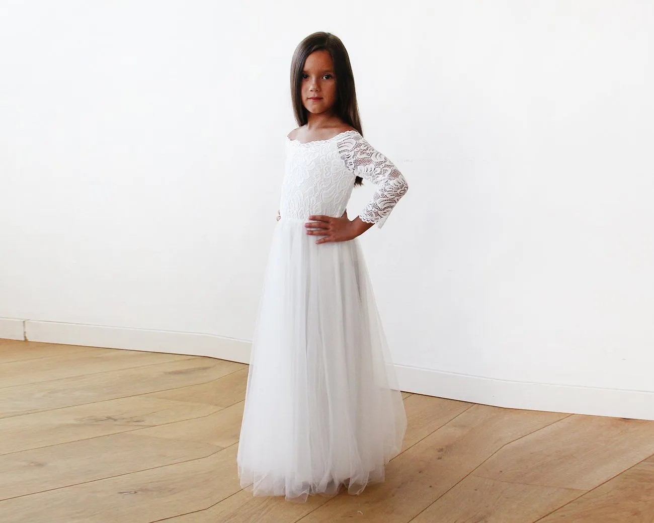 Ivory Off-The-Shoulder Lace & Tulle Maxi Girls Gown #5040