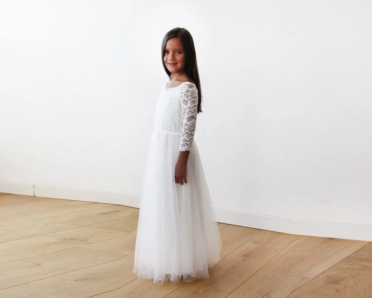 Ivory Off-The-Shoulder Lace & Tulle Maxi Girls Gown #5040