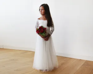 Ivory Off-The-Shoulder Lace & Tulle Maxi Girls Gown #5040