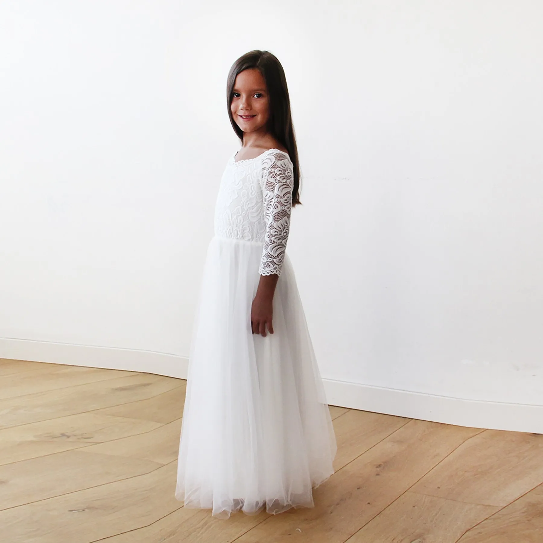Ivory Off-The-Shoulder Lace & Tulle Maxi Girls Gown #5040