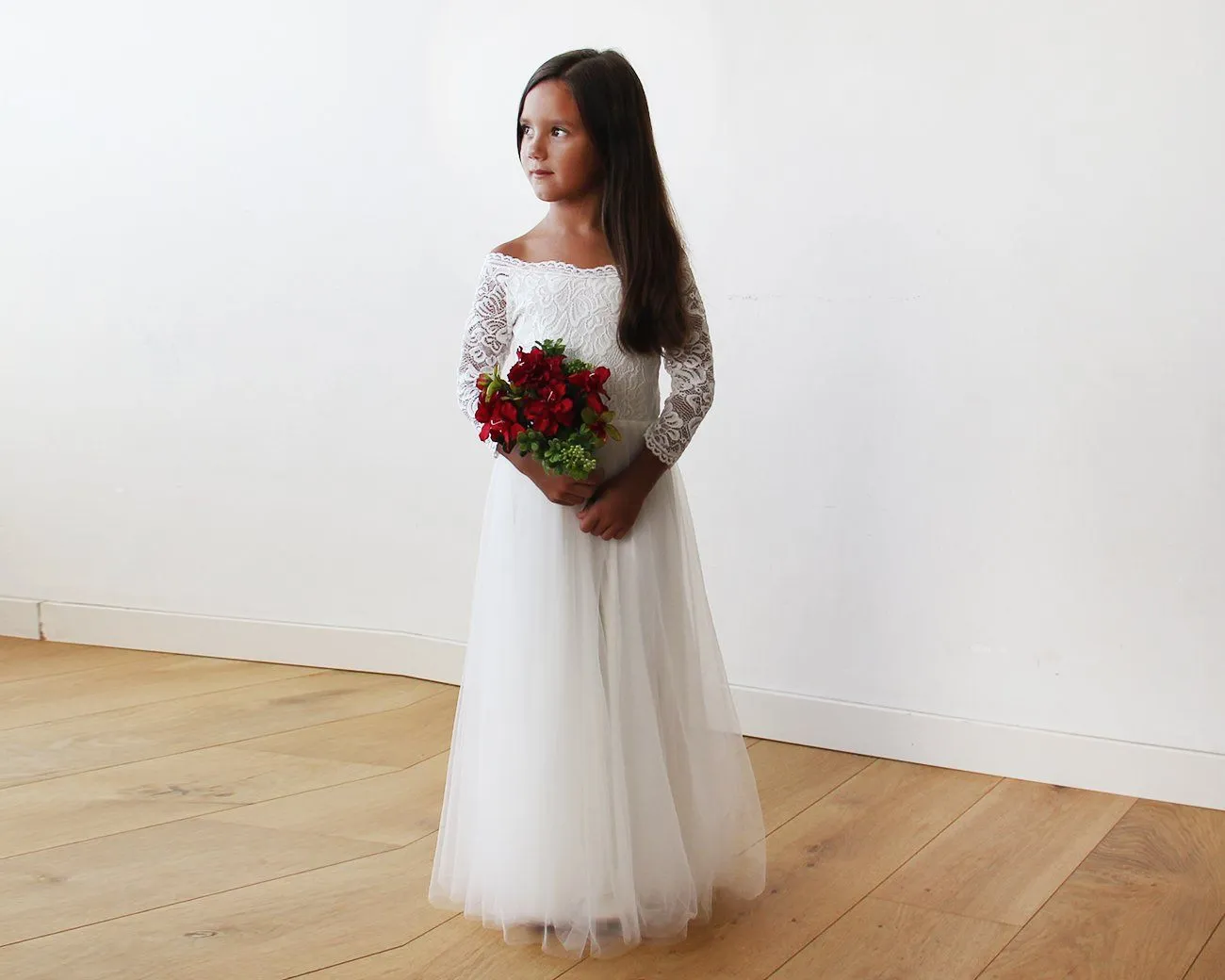 Ivory Off-The-Shoulder Lace & Tulle Maxi Girls Gown #5040
