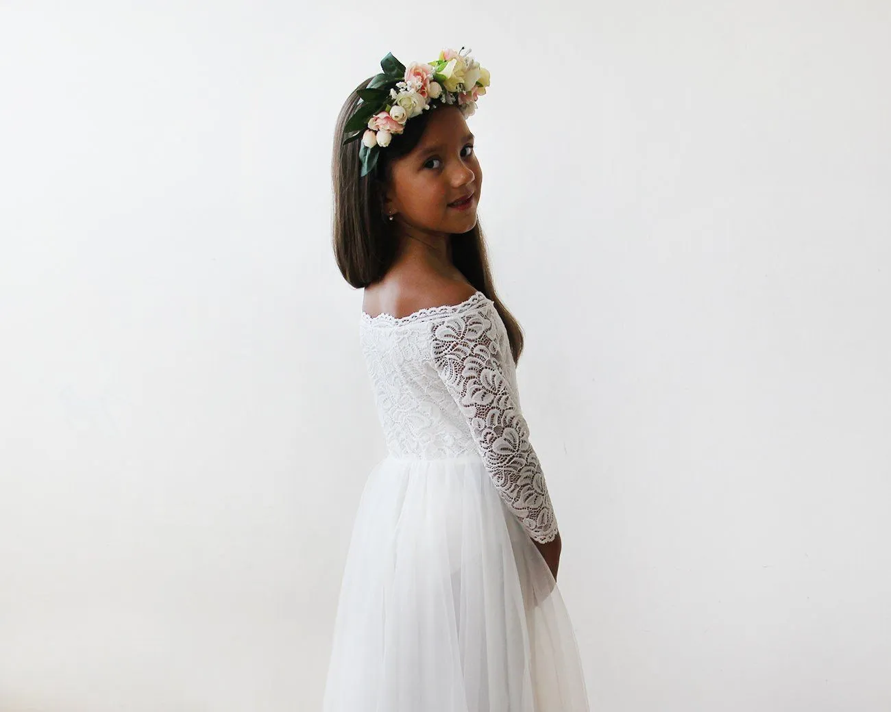 Ivory Off-The-Shoulder Lace & Tulle Maxi Girls Gown #5040