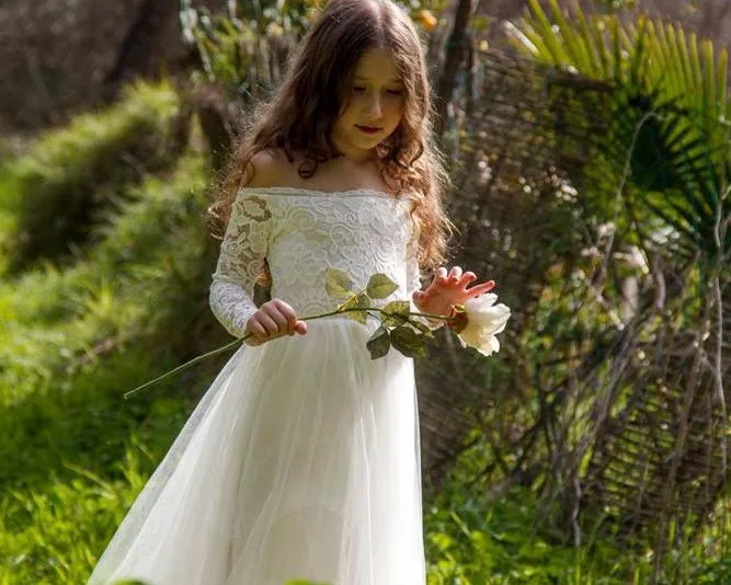 Ivory Off-The-Shoulder Lace & Tulle Maxi Girls Gown #5040
