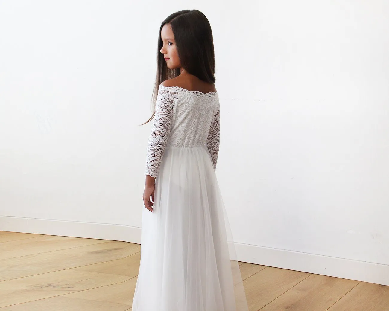Ivory Off-The-Shoulder Lace & Tulle Maxi Girls Gown #5040