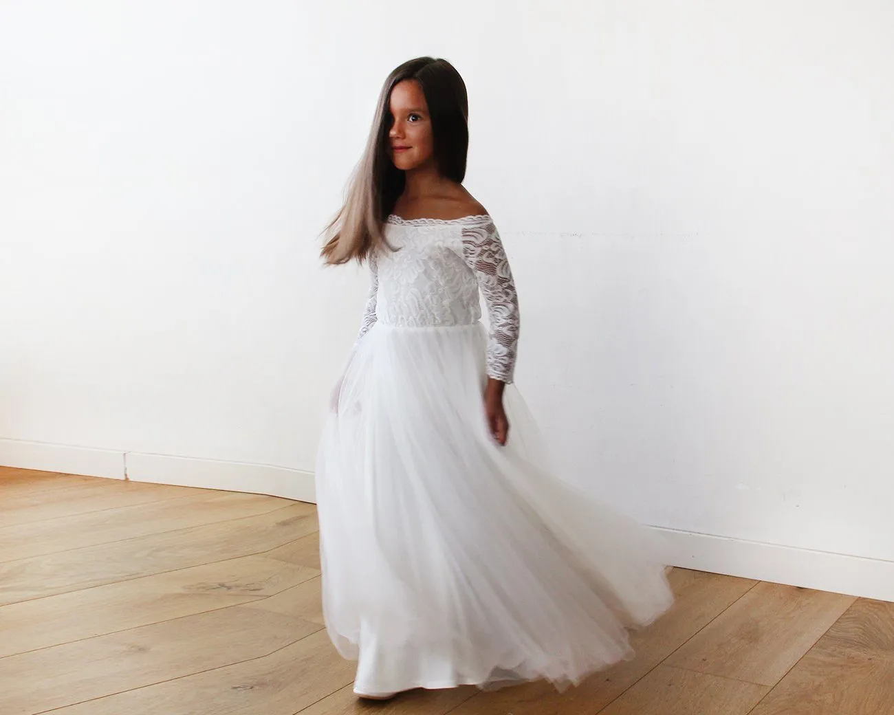Ivory Off-The-Shoulder Lace & Tulle Maxi Girls Gown #5040