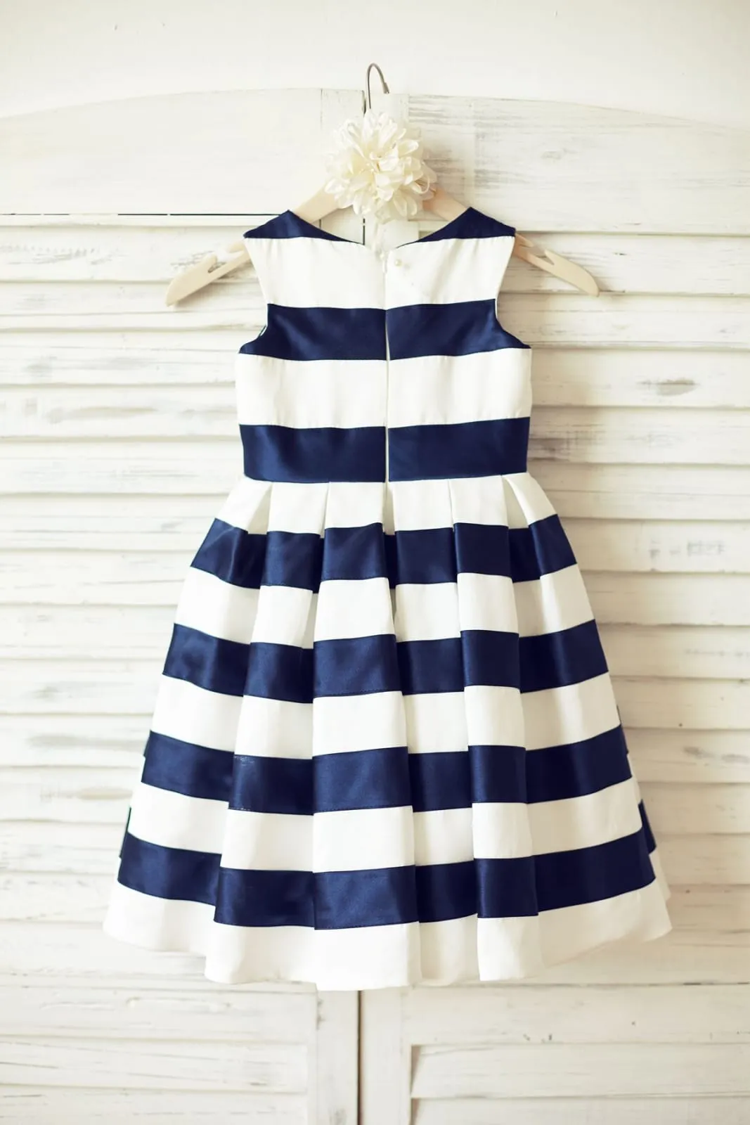 Ivory Satin Navy Blue Stripes Flower Girl Dress, Bow