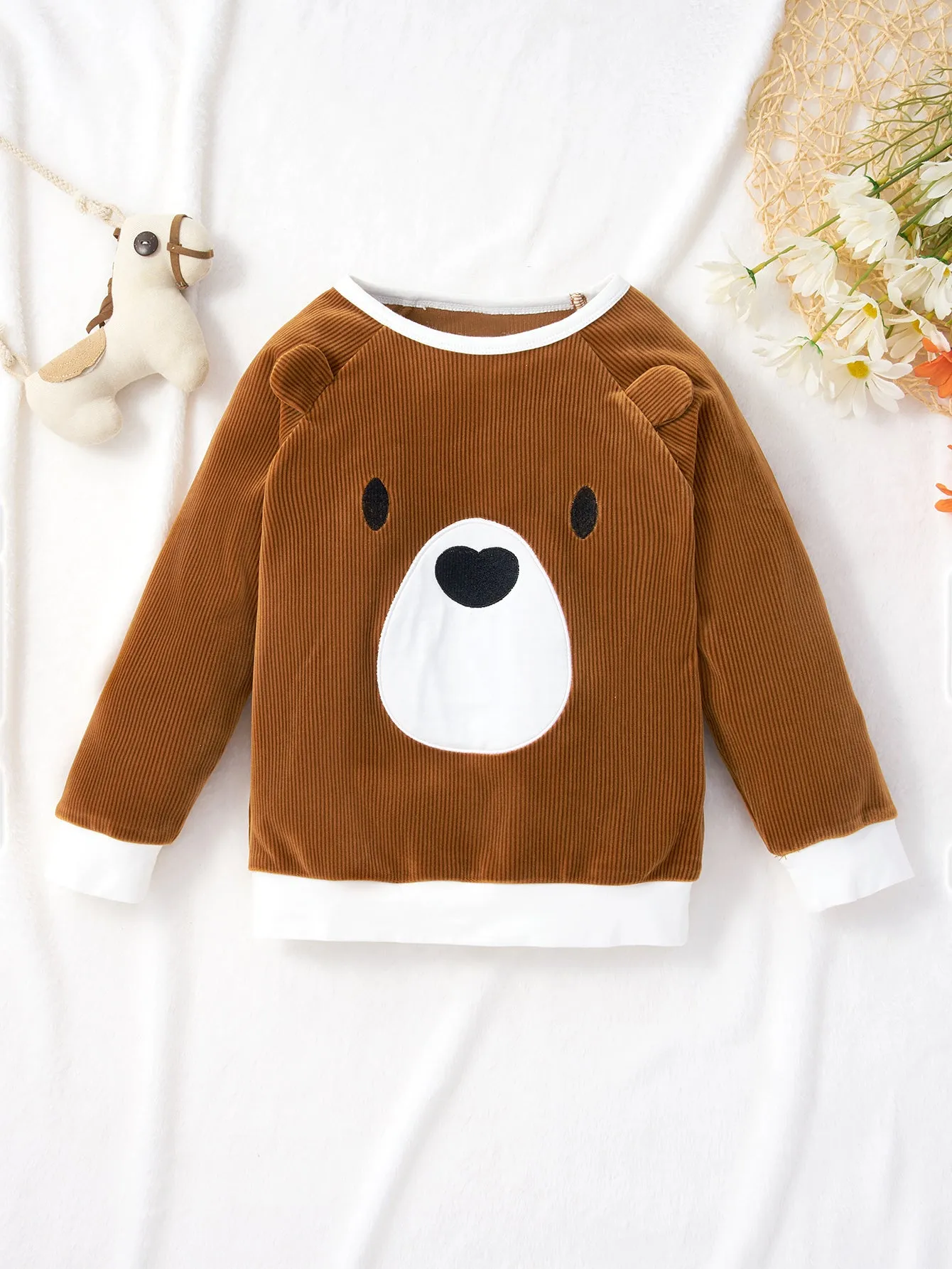 Kids Bear Applique Corduroy Pullover and Joggers Set