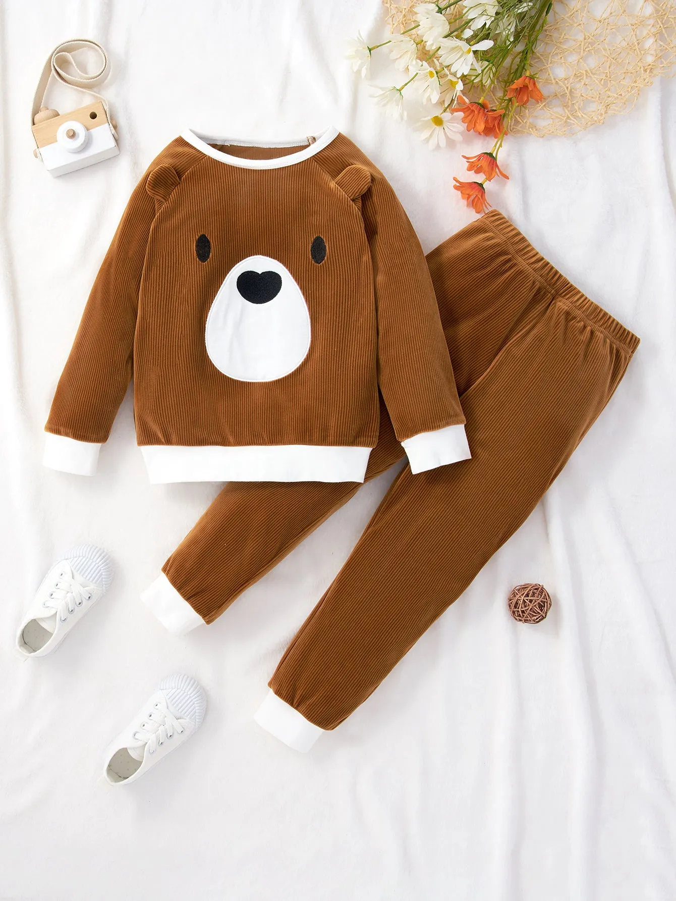 Kids Bear Applique Corduroy Pullover and Joggers Set