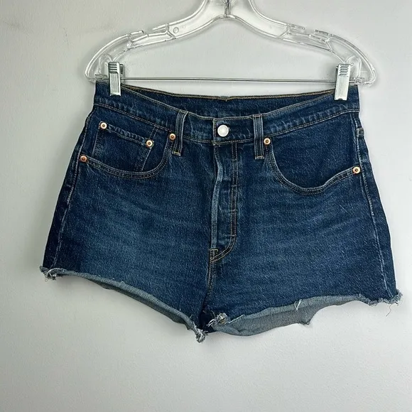Levi’s Size 30 Frayed Hem Jean Shorts Dark Blue Denim Cutoffs High Waist Stretch