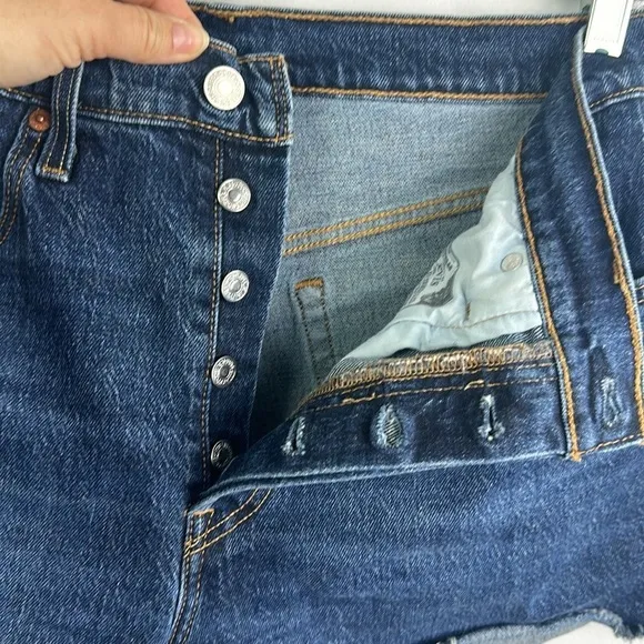 Levi’s Size 30 Frayed Hem Jean Shorts Dark Blue Denim Cutoffs High Waist Stretch