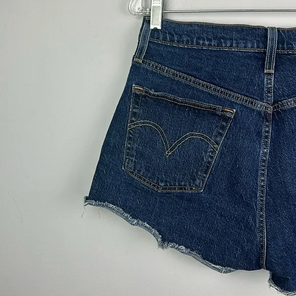 Levi’s Size 30 Frayed Hem Jean Shorts Dark Blue Denim Cutoffs High Waist Stretch
