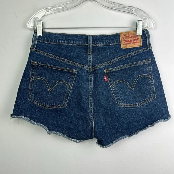 Levi’s Size 30 Frayed Hem Jean Shorts Dark Blue Denim Cutoffs High Waist Stretch