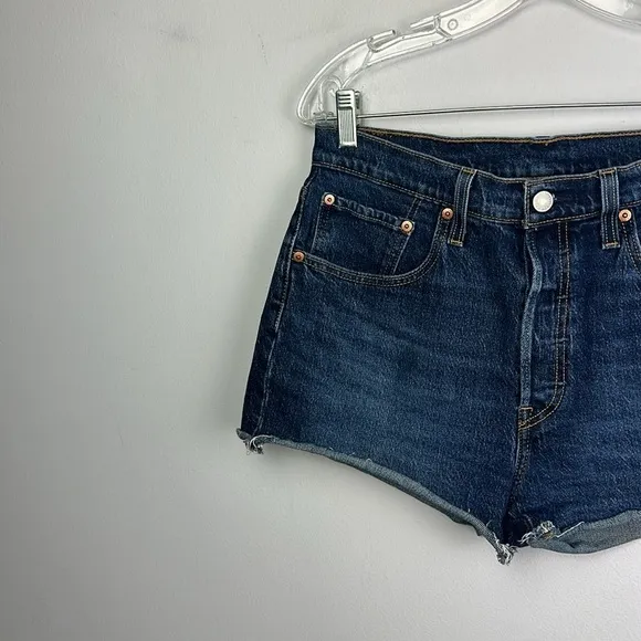 Levi’s Size 30 Frayed Hem Jean Shorts Dark Blue Denim Cutoffs High Waist Stretch