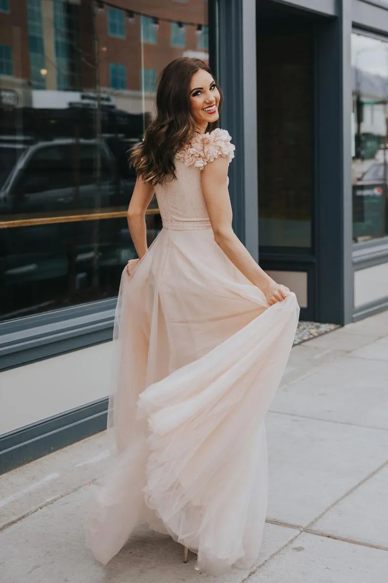 Light champagne tulle long prom dress, tulle formal dress
