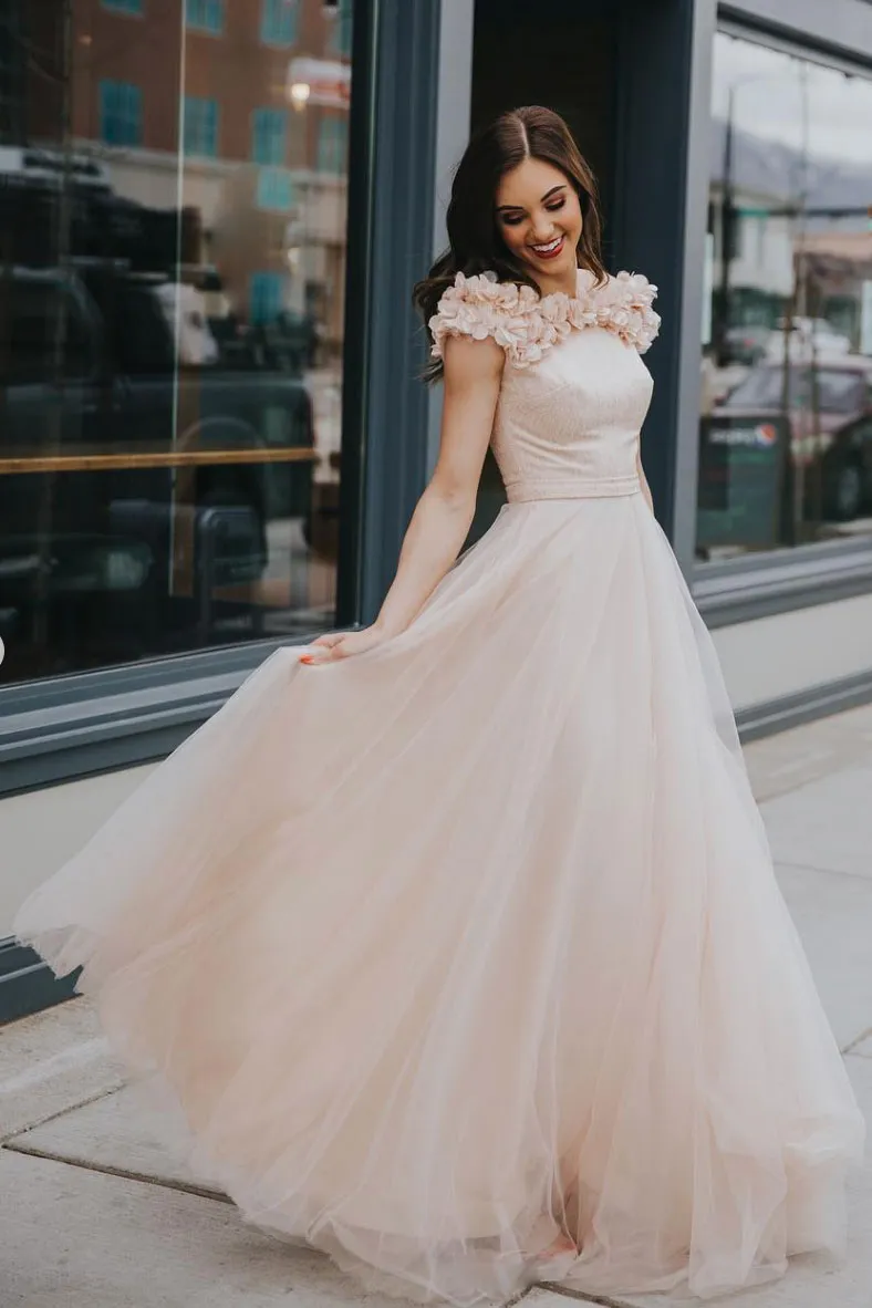 Light champagne tulle long prom dress, tulle formal dress