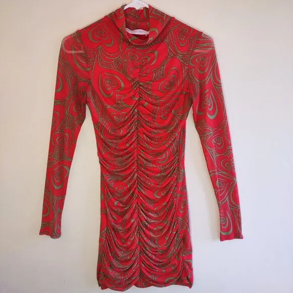 Lisa Says Gah Elenor Wild Hearts Ruched Mini Dress Long Sleeve  Bodycon Boho  XS