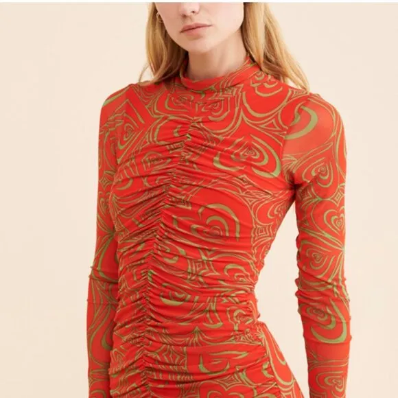 Lisa Says Gah Elenor Wild Hearts Ruched Mini Dress Long Sleeve  Bodycon Boho  XS