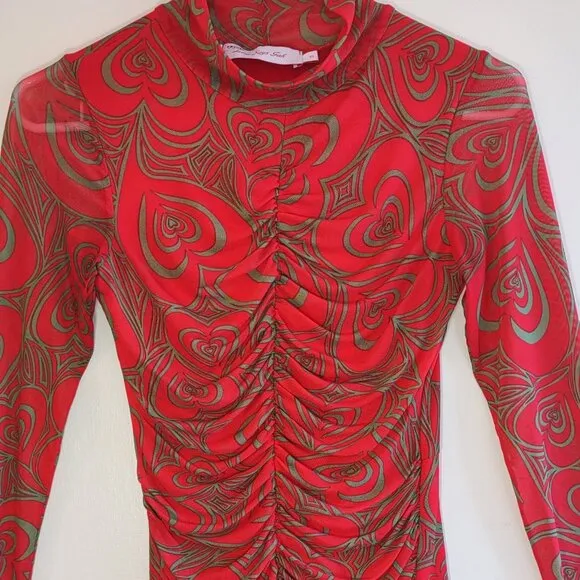 Lisa Says Gah Elenor Wild Hearts Ruched Mini Dress Long Sleeve  Bodycon Boho  XS