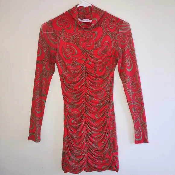 Lisa Says Gah Elenor Wild Hearts Ruched Mini Dress Long Sleeve  Bodycon Boho  XS