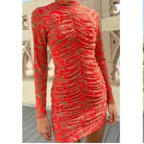Lisa Says Gah Elenor Wild Hearts Ruched Mini Dress Long Sleeve  Bodycon Boho  XS