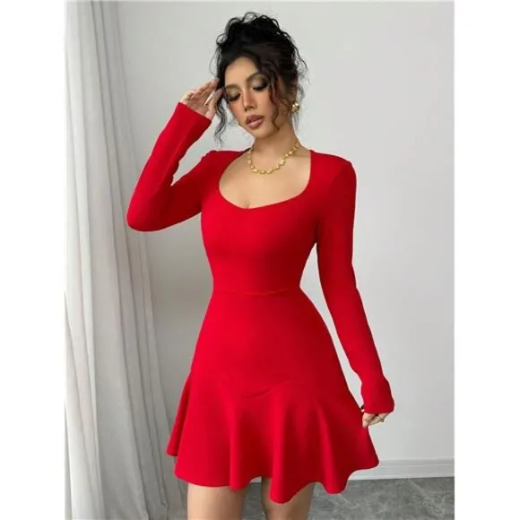 Long Sleeve Mini Textured Deep Red Elegant Figure-Flattering Dress