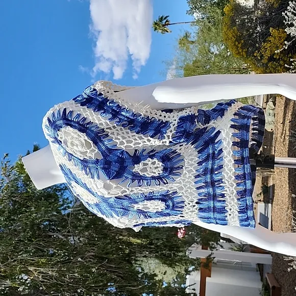 Luxe Blue White Macrame Crochet Sweater S Crop Top Boho Festival Kimono