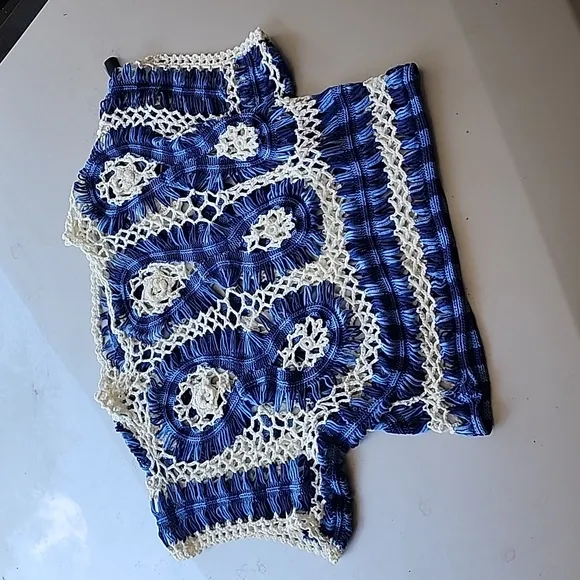 Luxe Blue White Macrame Crochet Sweater S Crop Top Boho Festival Kimono