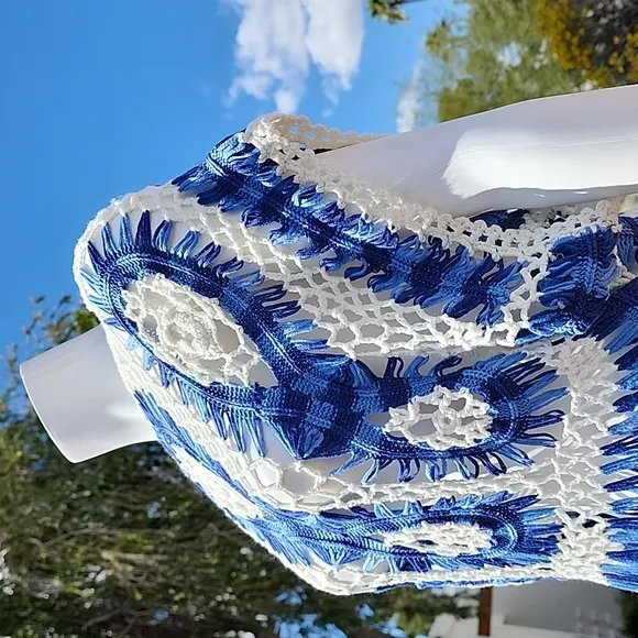 Luxe Blue White Macrame Crochet Sweater S Crop Top Boho Festival Kimono