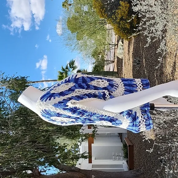 Luxe Blue White Macrame Crochet Sweater S Crop Top Boho Festival Kimono