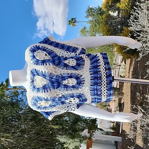 Luxe Blue White Macrame Crochet Sweater S Crop Top Boho Festival Kimono