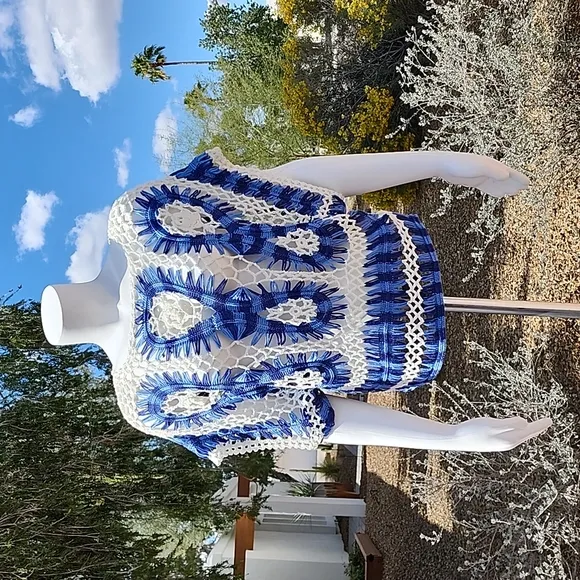 Luxe Blue White Macrame Crochet Sweater S Crop Top Boho Festival Kimono