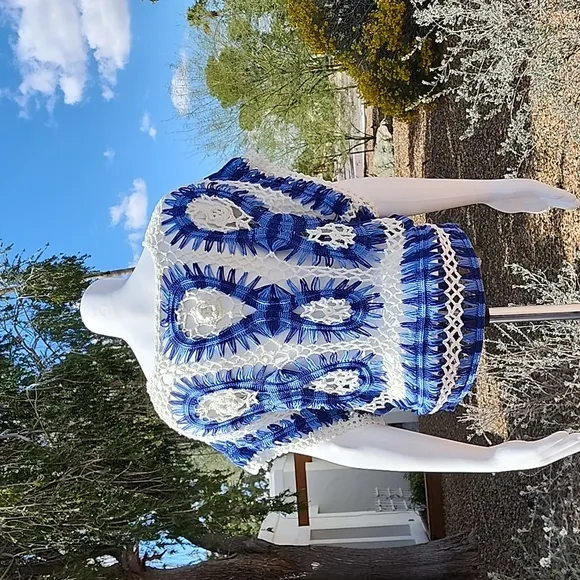 Luxe Blue White Macrame Crochet Sweater S Crop Top Boho Festival Kimono