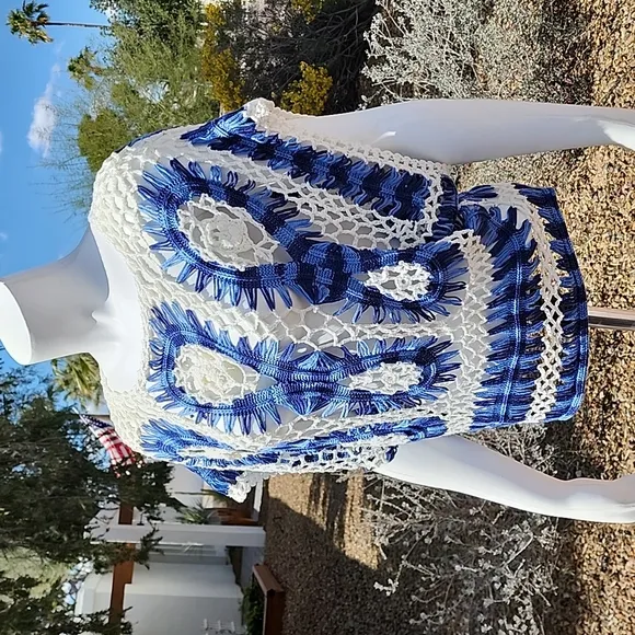 Luxe Blue White Macrame Crochet Sweater S Crop Top Boho Festival Kimono