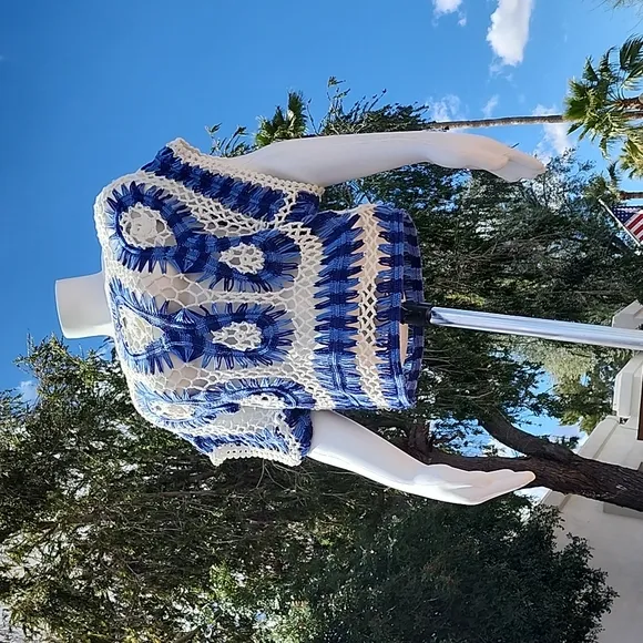 Luxe Blue White Macrame Crochet Sweater S Crop Top Boho Festival Kimono