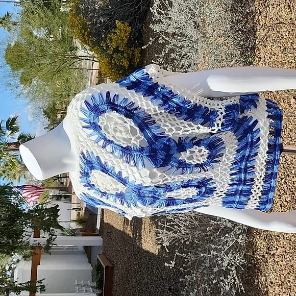 Luxe Blue White Macrame Crochet Sweater S Crop Top Boho Festival Kimono