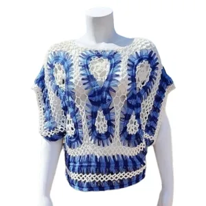 Luxe Blue White Macrame Crochet Sweater S Crop Top Boho Festival Kimono