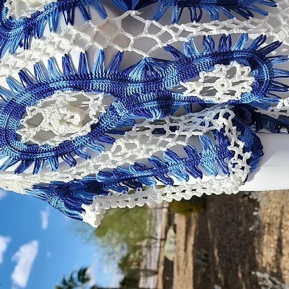 Luxe Blue White Macrame Crochet Sweater S Crop Top Boho Festival Kimono