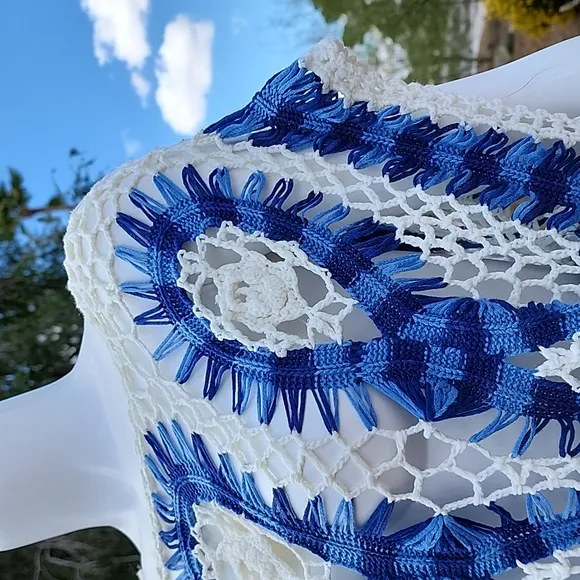 Luxe Blue White Macrame Crochet Sweater S Crop Top Boho Festival Kimono