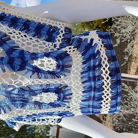 Luxe Blue White Macrame Crochet Sweater S Crop Top Boho Festival Kimono