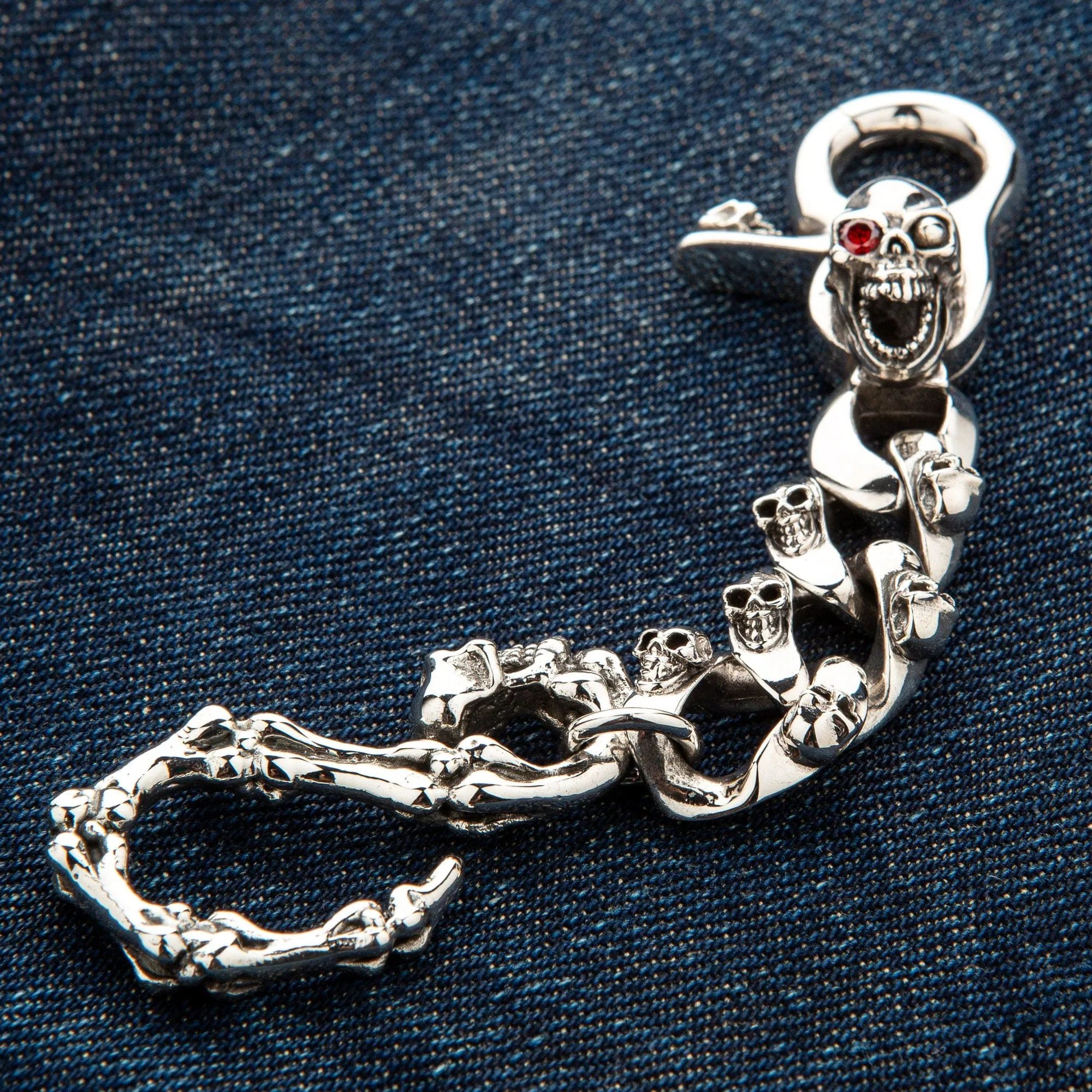 Mad Red Eye Sterling Silver Skull Keychain