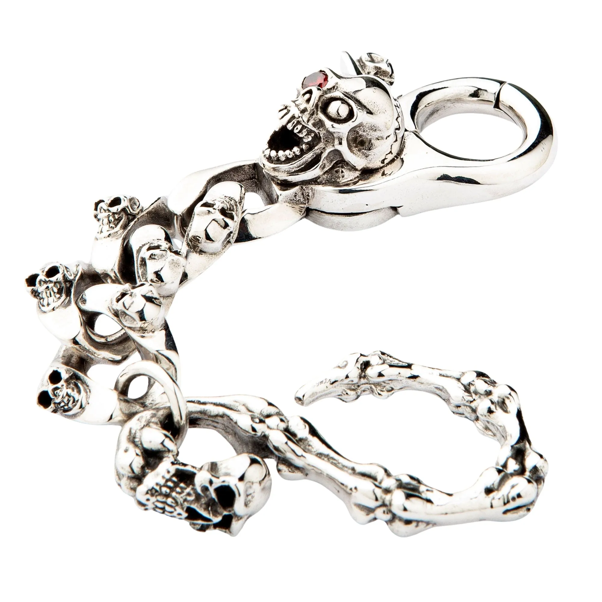 Mad Red Eye Sterling Silver Skull Keychain