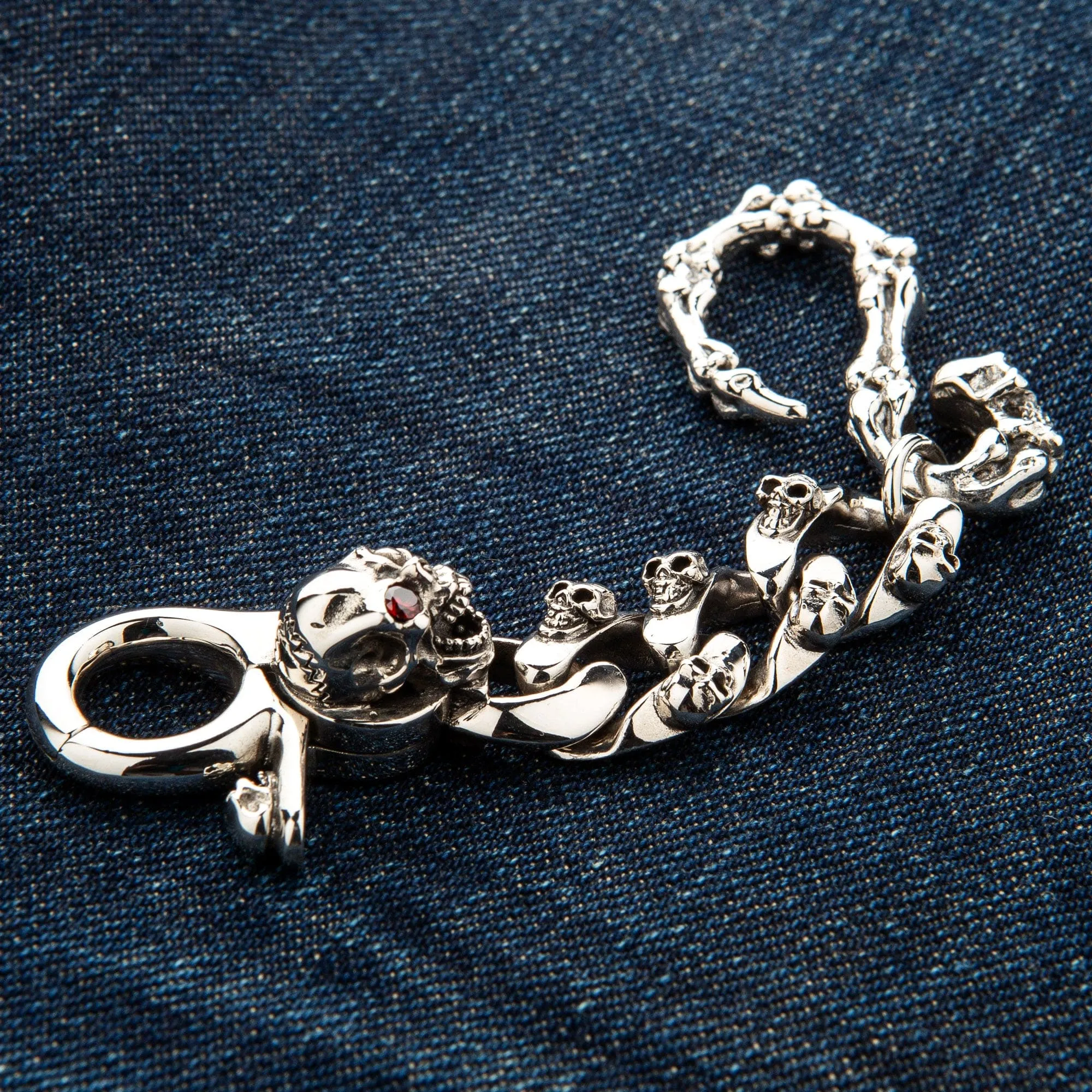 Mad Red Eye Sterling Silver Skull Keychain